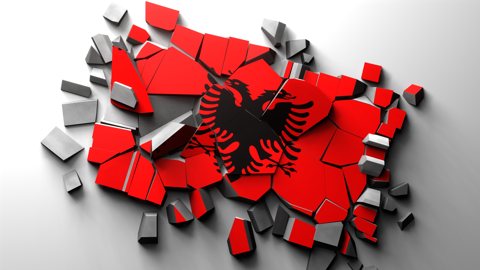 Albania National Flag, The concrete with the national flag printed on it shattered.