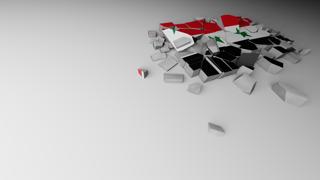 Syria National Flag, A distant view of concrete with a shattered national flag printed on it