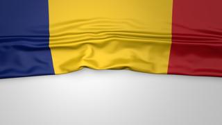 Romania National Flag, Flag folded in half and placed on white paper