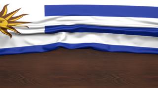 Uruguay National Flag, Flag folded in half and placed on wood desk