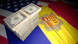 Andorra National Flag, American dollars and flag placed on top of the American flag