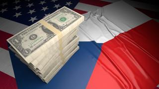 Czech National Flag, American dollars and flag placed on top of the American flag