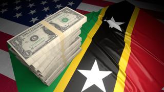 Saint-Kitts-and-Nevis National Flag, American dollars and flag placed on top of the American flag