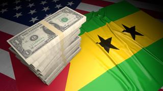 Sao-Tome-and-Principe National Flag, American dollars and flag placed on top of the American flag