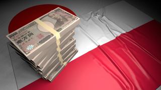 Poland National Flag, Japanese yen and national flag placed on top of the Japanese flag