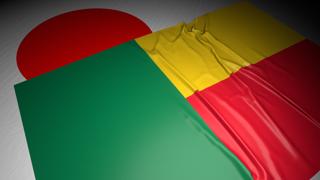 Benin National Flag, The national flag placed on top of the Japanese flag on a desk in a dark space