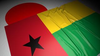 Guinea-Bissau National Flag, The national flag placed on top of the Japanese flag on a desk in a dark space