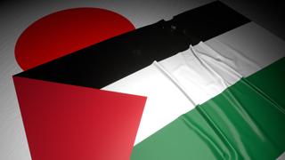 Palestine National Flag, The national flag placed on top of the Japanese flag on a desk in a dark space