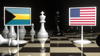 Bahamas National Flag, Flag placed on a chessboard with the American flag in the background