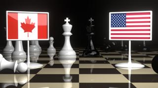 Canada National Flag, Flag placed on a chessboard with the American flag in the background