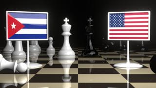 Cuba National Flag, Flag placed on a chessboard with the American flag in the background