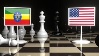 Ethiopia National Flag, Flag placed on a chessboard with the American flag in the background