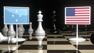 Federated-States-of-Micronesia National Flag, Flag placed on a chessboard with the American flag in the background