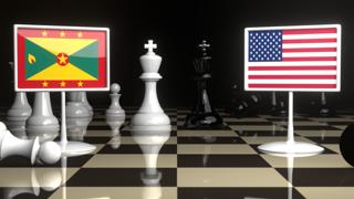 Grenada National Flag, Flag placed on a chessboard with the American flag in the background