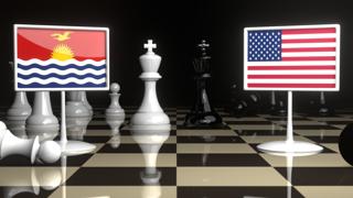 Kiribati National Flag, Flag placed on a chessboard with the American flag in the background