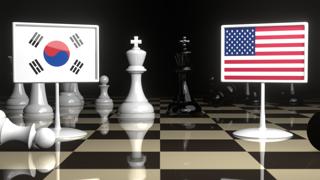 Korea National Flag, Flag placed on a chessboard with the American flag in the background