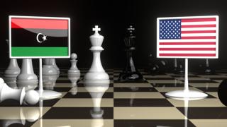 Libya National Flag, Flag placed on a chessboard with the American flag in the background