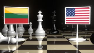 Lithuania National Flag, Flag placed on a chessboard with the American flag in the background