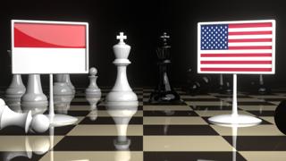 Monaco National Flag, Flag placed on a chessboard with the American flag in the background