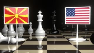 North-Macedonia National Flag, Flag placed on a chessboard with the American flag in the background