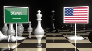 Saudi-Arabia National Flag, Flag placed on a chessboard with the American flag in the background