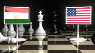 Tajikistan National Flag, Flag placed on a chessboard with the American flag in the background