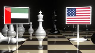 United-Arab-Emirates National Flag, Flag placed on a chessboard with the American flag in the background