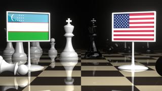 Uzbekistan National Flag, Flag placed on a chessboard with the American flag in the background