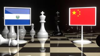 El-Salvador National Flag, The national flag on a chessboard with the Japanese flag in the background