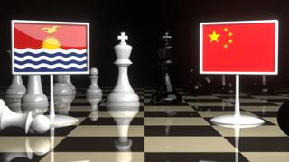 Kiribati National Flag, The national flag on a chessboard with the Japanese flag in the background