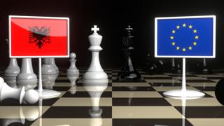 Albania National Flag, Flags placed on a chessboard with the EU flag in the background