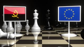 Angola National Flag, Flags placed on a chessboard with the EU flag in the background