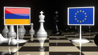 Armenia National Flag, Flags placed on a chessboard with the EU flag in the background