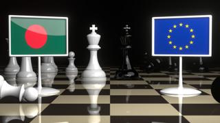 Bangladesh National Flag, Flags placed on a chessboard with the EU flag in the background