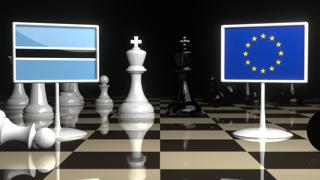 Botswana National Flag, Flags placed on a chessboard with the EU flag in the background