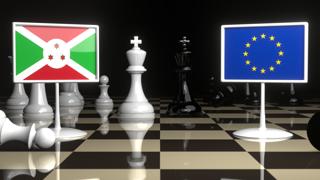 Burundi National Flag, Flags placed on a chessboard with the EU flag in the background