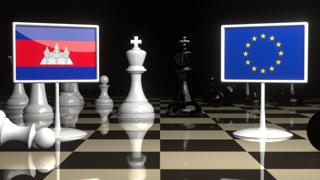 Cambodia National Flag, Flags placed on a chessboard with the EU flag in the background