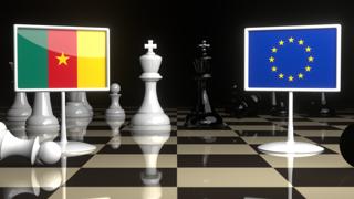 Cameroon National Flag, Flags placed on a chessboard with the EU flag in the background