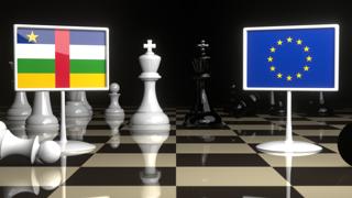 Central-African-Republic National Flag, Flags placed on a chessboard with the EU flag in the background