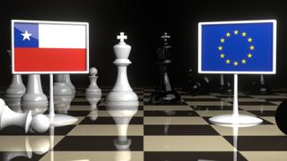 Chile National Flag, Flags placed on a chessboard with the EU flag in the background