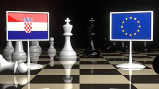 Croatia National Flag, Flags placed on a chessboard with the EU flag in the background