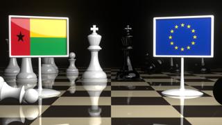 Guinea-Bissau National Flag, Flags placed on a chessboard with the EU flag in the background