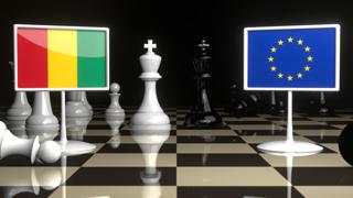 Guinea National Flag, Flags placed on a chessboard with the EU flag in the background