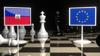 Haiti National Flag, Flags placed on a chessboard with the EU flag in the background