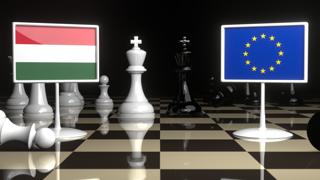 Hungary National Flag, Flags placed on a chessboard with the EU flag in the background