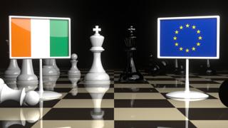 Ivory-Coast National Flag, Flags placed on a chessboard with the EU flag in the background