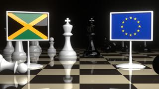 Jamaica National Flag, Flags placed on a chessboard with the EU flag in the background