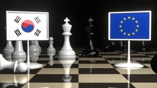 Korea National Flag, Flags placed on a chessboard with the EU flag in the background