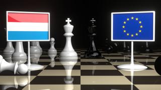 Luxembourg National Flag, Flags placed on a chessboard with the EU flag in the background