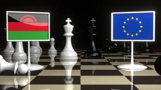 Malawi National Flag, Flags placed on a chessboard with the EU flag in the background